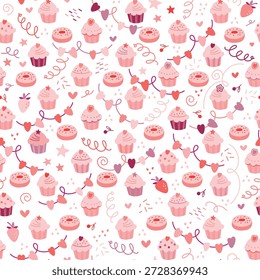Padrão sem emenda rosa festivo com produtos cozidos. Fundo de bolinhos e rosquinhas rosa. Humor festivo com guirlandas, galhardetes e cachos.
 Dia dos Namorados. Sobremesa rosa pastel. Padrão com vestimentas festivas para tecidos e papel de embrulho. Padrão em forma de coração para entes queridos, como aniversários, Dia dos Namorados e meninas doces. Fundo festivo para design de padaria e decoração. Feriados populares. Decoração de inverno com delicadeza inter. Ilustração vetorial