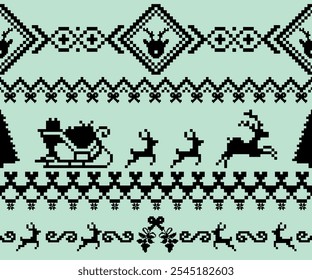 festive pixel art design featuring Christmas motifs like reindeer, sleighs, and trees in black on mint green background, perfect for holiday decorations.