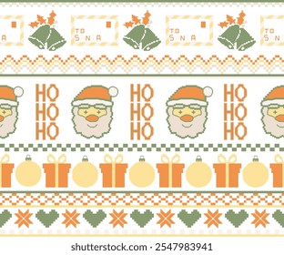 Festive Pixel Art Design Featuring Santa Claus, 'Ho Ho Ho' Text, Christmas Gifts, Ornaments, Hearts, and Letters to Santa in Orange, Green, and Yellow Tones