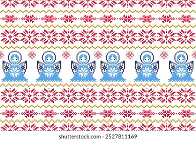 Festive Pixel Art Fabric Design Geometric Shapes in Vibrant Colors for Christmas.Ideal for Scarves, Blankets, Tablecloths, Rugs, Clothing, and Decoration ,ethnic pattern
