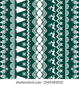 festive pixel art pattern featuring geometric shapes, trees, and reindeer in green and white, perfect for holiday designs.