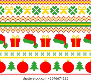 Festive Pixel Art Pattern Featuring Yellow Christmas Bells, Green Gingerbread Houses, Reindeer Silhouettes, and Ornaments in Bright Red, Green, and Yellow Colors