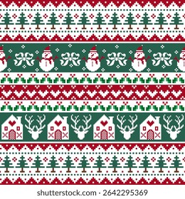 Festive Pixel Reindeer and Trees with Snowflakes - Nordic Christmas Pattern	