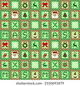 a festive pixel-art pattern with Christmas-themed squares, including Santa faces, reindeer, stockings, snowflakes, bows, trees, wreaths, and the word “XMAS.”Vector pixel art pattern for Christmas fest