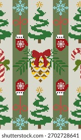 Un patrón festivo, pixel-art con árboles de Navidad, adornos, bastones de caramelo y guantes en un diseño festivo alegre.