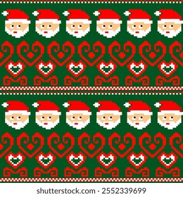 A festive, pixel-art pattern featuring Santa faces against a green background, perfect for holiday decorations or Christmas-themed designs.