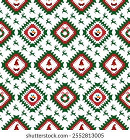 A festive, pixel-art style pattern featuring Christmas-themed elements. The symmetrical design includes snowman faces, Santa hats, wreaths, and small reindeer figures.   Vector pattern for Christmas 