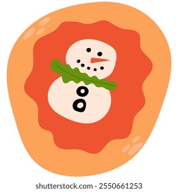 Festive pizza with a cheese snowman in the center,  olives, tomato, fresh herbs.