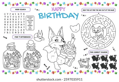Festive placemat for children on foxes and cats theme. Print out the happy birthday sheet with a maze, and hidden objects and find the ones that are the same. 17x11 inch printable vector file