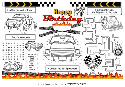 Sirena festiva para los niños. Imprime una alfombra de "Cumpleaños Feliz" con el tema de un auto para niños con un laberinto, búsqueda de palabras y página de coloreo. archivo vectorial de 17x11 pulgadas imprimible