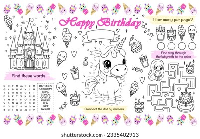 Sirena festiva para los niños. Imprime la estera con el tema del unicornio "Cumpleaños feliz" con laberinto, búsqueda de palabras y página de color. archivo vectorial de 17x11 pulgadas imprimible