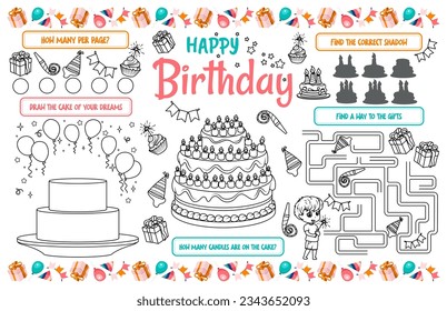 Festive placemat for children. Print out the happy birthday activity sheet with maze, hidden objects and find the ones that are the same. 17x11 inch printable vector file