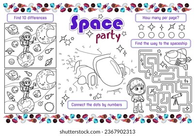 Festive placemat for children. Print out the "Space Party" activity sheet with a labyrinth, connect the dots, and find the differences. 17x11 inch printable vector file