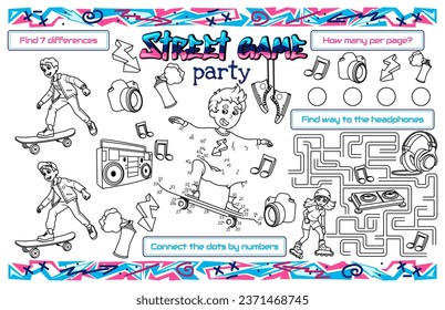 Sirena festiva para los niños. Imprima la alfombra de "Street game party" con un laberinto, conecte los puntos y encuentre las diferencias. archivo vectorial de 17x11 pulgadas imprimible