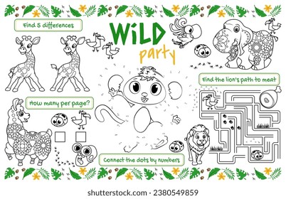 Festive placemat for children. Print out the "Wild Party" activity sheet with a labyrinth, connect the dots, and find the differences. 17x11 inch printable vector file