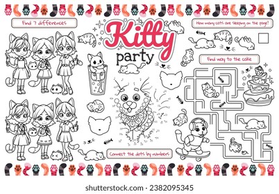 Sirena festiva para los niños. Imprima la alfombra "Kitty Party" con un laberinto, conecte los puntos y encuentre las diferencias. archivo vectorial de 17x11 pulgadas imprimible