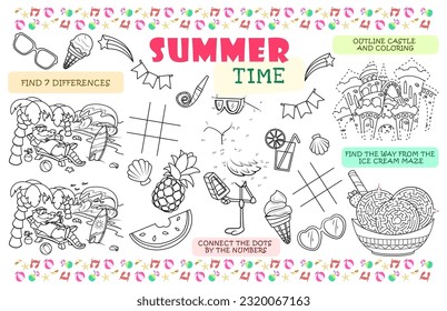 Festive placemat for children. Printable activity sheet "Summer time" with a labyrinth, tic-tac-toe, connect the dots, find the difference. 17x11 inch printable vector file