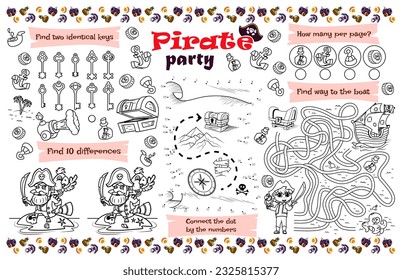 Festliche Serviette für Kinder. Printable Matte "Pirate Party" mit einem Labyrinth, verbinden Sie die Punkte und finden Sie Unterschiede. 17 x 11 Zoll druckbare Vektordatei