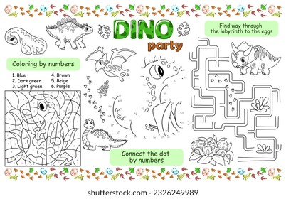 Festive placemat for children. Printable activity sheet "Dino party" with a labyrinth, connect the dots and coloring for numbers. 17x11 inch printable vector file