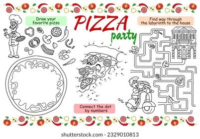 Festive placemat for children. Printable activity sheet "Pizza party" with a labyrinth, connect the dots, and a coloring page. 17x11 inch printable vector file