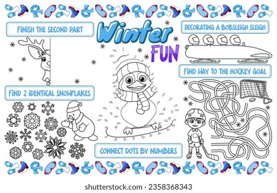 Sirena festiva para los niños. Estera imprimible "Invierno divertido" con un laberinto, conectar los puntos y una página de color. archivo vectorial de 17x11 pulgadas imprimible