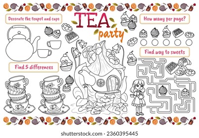 Festive placemat for children. Printable activity sheet "Tea Party" with a maze, coloring page and find the differences. 17x11 inch printable vector file