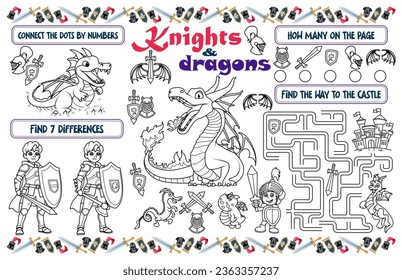 Festive placemat for children. Printable activity sheet "Knights and dragons" with a labyrinth, connect the dots and find differences. 17x11 inch printable vector file	