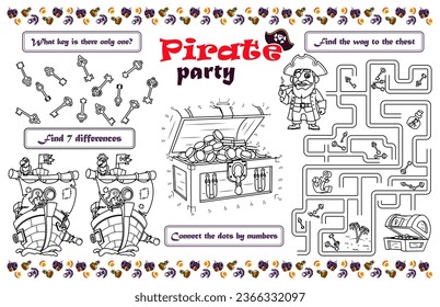 Festliche Serviette für Kinder. Printable Matte "Pirate Party" mit einem Labyrinth, verbinden Sie die Punkte und finden Sie Unterschiede. 17 x 11 Zoll druckbare Vektordatei