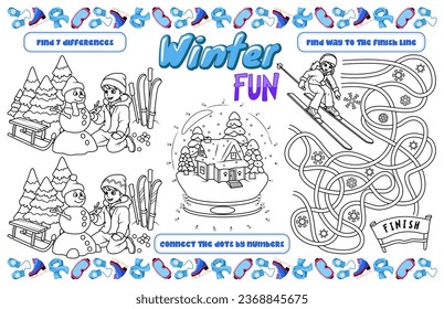 Festive placemat for children. Printable activity sheet "Winter fun" with a labyrinth, connect the dots, and find the differences. 17x11 inch printable vector file