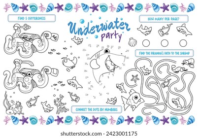 Festive placemat for children. Printable activity sheet "Underwater party" with a labyrinth, connect the dots and find the same. 17x11 inch printable vector file	