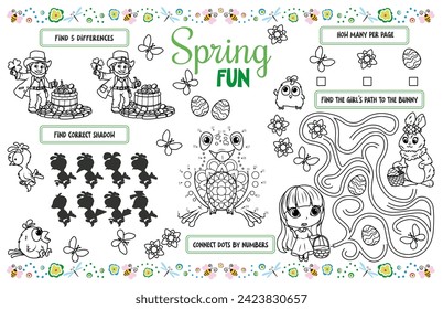 Festive placemat for children. Printable activity sheet"Spring fun" with a labyrinth, connect the dots and find the same. 17x11 inch printable vector file