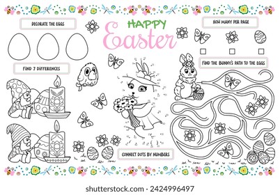 Festive placemat for children. Printable activity sheet "Happy Easter" with a labyrinth, connect the dots and find the same. 17x11 inch printable vector file