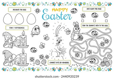 Mantel festivo para niños. Hoja de actividad imprimible "Feliz Pascua" con un laberinto, conectar los puntos y encontrar el mismo. Archivo vectorial imprimible de 17x11 pulgadas	