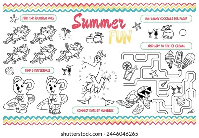 Festive placemat for children. Printable activity sheet "Summer fun" with a labyrinth, connect the dots, find the difference. 17x11 inch printable. Vector file