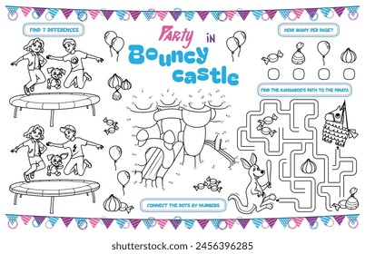 Festive placemat for children. Printable activity sheet "Party in Bouncy castle" with a labyrinth, connect the dots, find the difference. 17x11 inch printable. Vector file