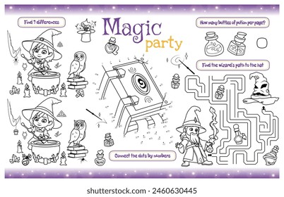 Festive placemat for children. Printable activity sheet "Magic party" with a labyrinth, connect the dots, find the difference. 17x11 inch printable. Vector file