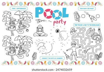 Mantel festivo para niños. Hoja de actividad imprimible "Pool party" con un laberinto, conectar los puntos, encontrar la diferencia. Impresora de 17x11 pulgadas. archivo de Vector