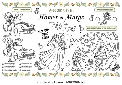 Mantel festivo para niños. Hoja de actividad imprimible "Boda divertida" con un laberinto y encontrar la diferencia. Impresora de 17x11 pulgadas. archivo de Vector
