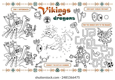 Mantel festivo para niños. Hoja de actividad imprimible "Vikingos y dragones" con un laberinto, conectar los puntos y encontrar las diferencias. Archivo de Vector imprimible de 17x11 pulgadas