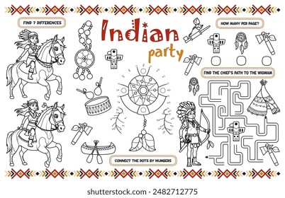 Festive placemat for children. Printable activity sheet "Indian party" with a labyrinth, connect the dots and find differences. 17x11 inch printable vector file	