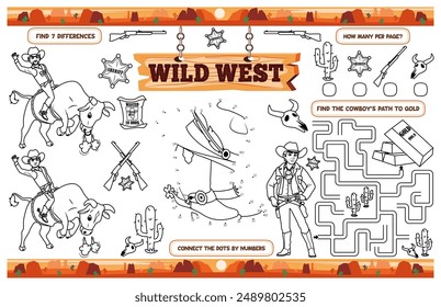 Mantel festivo para niños. Hoja de actividad imprimible "Wild West" con un laberinto, conectar los puntos y encontrar diferencias. Archivo de Vector imprimible de 17x11 pulgadas