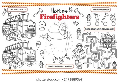 Mantel festivo para niños. Hoja de actividad imprimible "Héroes Bomberos" con un laberinto, conectar los puntos y encontrar las diferencias. Archivo de Vector imprimible de 17x11 pulgadas