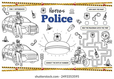 Festive placemat for children. Printable activity sheet "Heroes Police" with a labyrinth, connect the dots and find differences. 17x11 inch printable vector file	