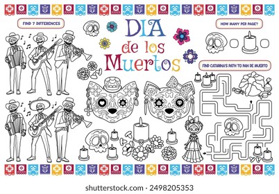 Festive placemat for children. Printable activity sheet "Dia de los muertos" with a labyrinth and find differences. 17x11 inch printable vector file