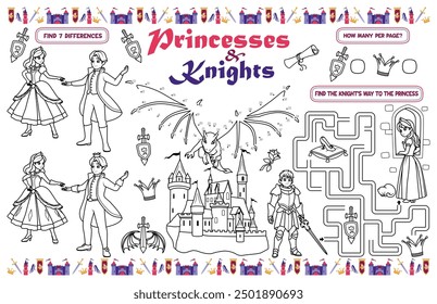 Festlicher Platz für Kinder. Druckbares Aktivitätenblatt "Prinzessinnen und Ritter" mit einem Labyrinth, verbinden die Punkte und finden Unterschiede. 17 x 11 Zoll druckbare Vektordatei	
