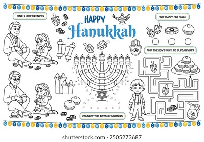 Festive placemat for children. Printable activity sheet "Happy Hanukkah" with a labyrinth, connect the dots, and a coloring page. 17x11 inch printable vector file