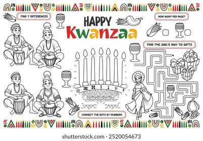 Festive placemat for children. Printable activity sheet "Happy Kwanzaa" with a labyrinth, connect the dots, and a coloring page. 17x11 inch printable vector file