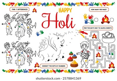 Festive placemat for children. Printable activity sheet "Happy Holi" with a labyrinth, connect the dots, and a coloring page. 17x11 inch printable vector file