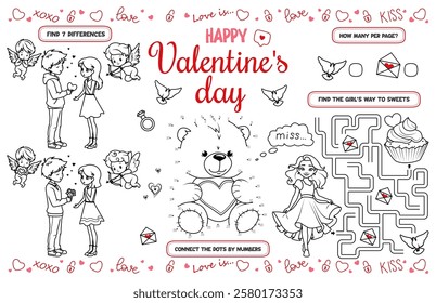 Festive placemat for children. Printable activity sheet "Happy Valentine's Day" with a labyrinth, connect the dots, and a coloring page. 17x11 inch printable vector file