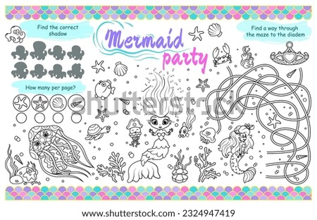 Festive placemat for children. Printable activity sheet "Mermaid party" with a labyrinth, connect the dots and find the same. 17x11 inch printable vector file